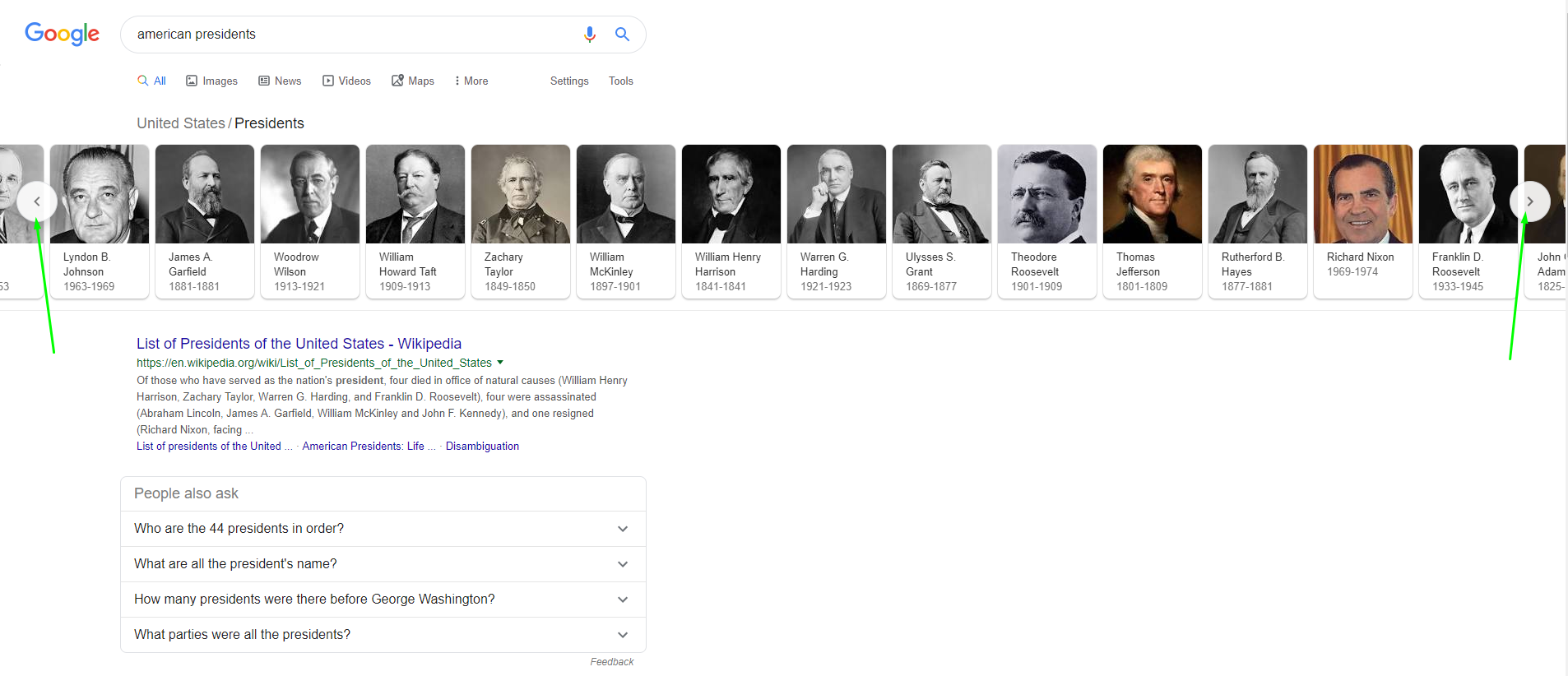 American presidents Google carousel