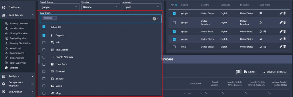 Rank Tracker's settings